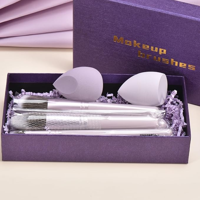 Gift Ready 10 Piece Purple Makeup Brushes Set and 2 Piece Makeup Sponge – Wooden Handle with Soft Synthetic Bristles, Concealer, Powder – (Ideal for Christmas, Birthday, Women)-Velvo Beauty