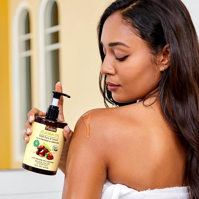 Yoken Pure Jojoba Oil Organic USDA Certified 16 fl oz, 100% Natural Jojoba Oil for Hair, Skin & Face, Cold Pressed Unrefined, Deeply Moisturizing Body Carrier Oils for Essential Oils Mixing-Velvo Beauty