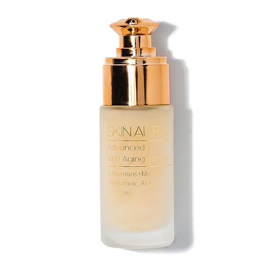 SKIN AURA Advanced Anti-Aging Serum - All-In-One Formula Visibly Improves Wrinkles, Fine Lines & Age Spots with 5 Vitamins + Minerals, Hyaluronic Acid & Collagen Peptides - 30ml (1oz)-Velvo Beauty