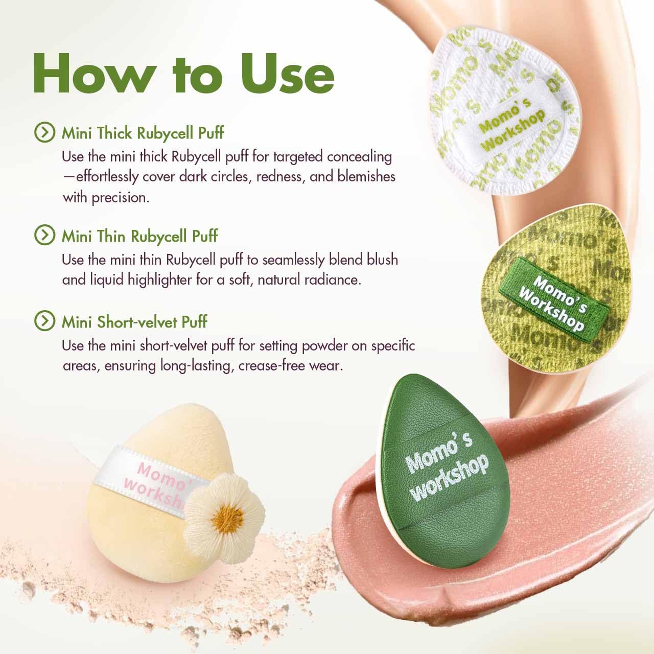 Mini Denim Makeup Sponge Set,Mini Makeup Blenders Sponge for Concealer/Blush/Highlighter, Perfect for Detail Work & Travel,4pcs Green Mini Concealer Puffs with Travel Pouch-Velvo Beauty