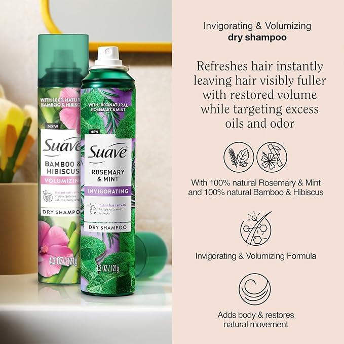 Suave+ Dry Shampoo Spray Variety 2-Pack – Invigorating Rosemary & Mint + Volumizing Bamboo & Hibiscus, 4.3 Oz Ea-Velvo Beauty