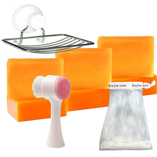 Kojie San Face & Body Skin Brightening Shower 9pc Set - the Original Kojic Acid Soap that Helps Reduce Dark Spots 6 x 135g Bars, Soap Dish and Facial Cleansing Brush…-Velvo Beauty