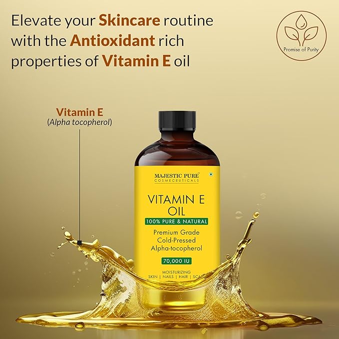 Majestic Pure Vitamin E Oil - 100% Pure & Natural, 70,000 IU | Premium Grade, Cold-Pressed and Tocopherol to Repair Dry, Damaged Skin| Moisturizing Skin, Hair and Scalp 4 Fl Oz-Velvo Beauty