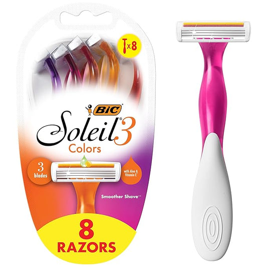 BIC Soleil Smooth Colors Women's Disposable 3 Blade Razors, Vibrant Handles and Moisture Strip, 8-Pack-Velvo Beauty