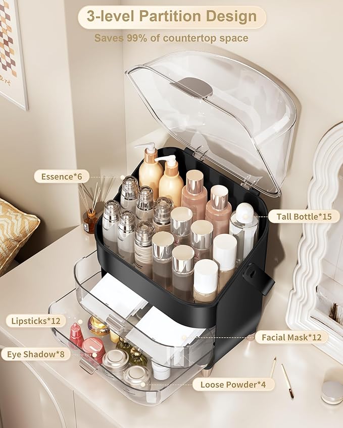 Makeup Organizer, Skincare Holder Bathroom Counter Organizer, Storage Box Cosmetic Display Cases, Teen Girl Gifts Trendy Stuff Make up Organizers for Vanity, Dresser, Countertop (black)-Velvo Beauty