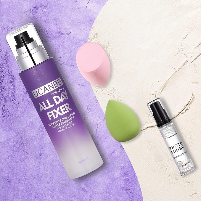 UCANBE Makeup Setting Spray + Face Primer + Make Up Sponge, Gel-Based Hydrating Primer, Lightweight, Long Lasting Matte Finishing Spray,Beauty Blender Set-Velvo Beauty