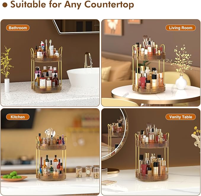 Awenia Rotating Makeup Organizer 360, Stackable Adjustable Large Capacity Cosmetic Storage Unit,Dresser Bathroom Kitchen Countertop Organizer with Metal Handle, Plus Size (Honorable Gold, 2 Tier)-Velvo Beauty