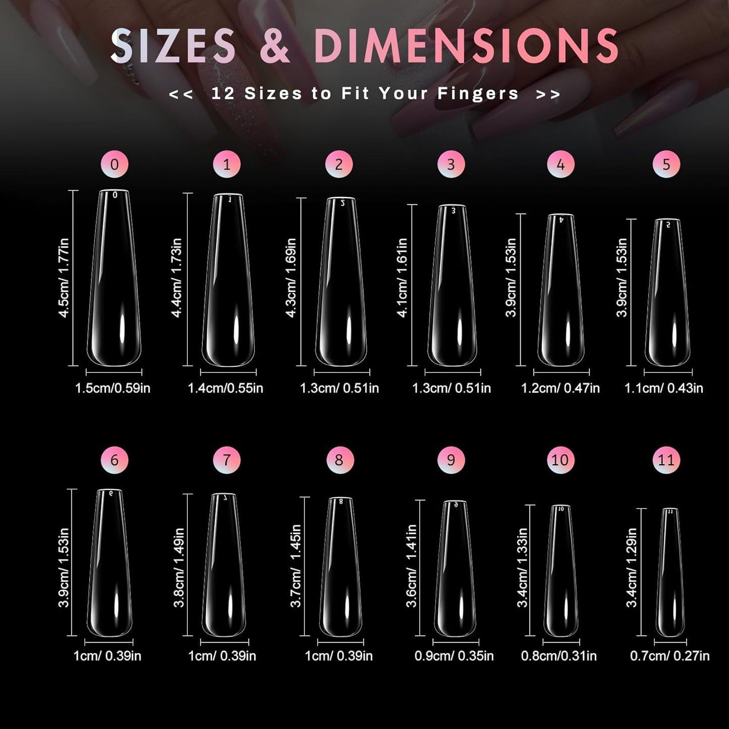 Ranrose Long Coffin Nails Tips: 240pcs XXL Acrylic Nails Clear C Curve Coffin False Nail, Full Cover Fake Nails for Nail Extension, 12 Sizes-Velvo Beauty