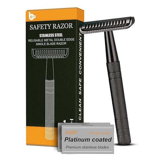 Black Safety Razor, Single Blade Razors for Men, with 10 Double Edge Blades, Long and Heavy Duty Stainless Steel Handle, Reusable Metal Eco-Friendly Razor, Plastic Free, Smooth Shave-Velvo Beauty