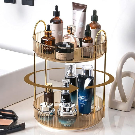 Rotating Makeup Organizer for Vanity, High-Capacity Skincare Clear Make Up Storage Perfume Organizers Cosmetic Dresser Organizer Countertop 360 Spinning (Gold, 2 Tier)-Velvo Beauty