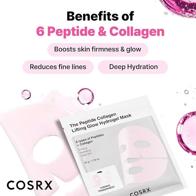 COSRX The Peptide Collagen Lifting Glow Hydrogel Face Masks Skincare 3 EA, Collagen Face Mask, Travel Essentials, Overnight Face Mask, Korean SkinCare-Velvo Beauty