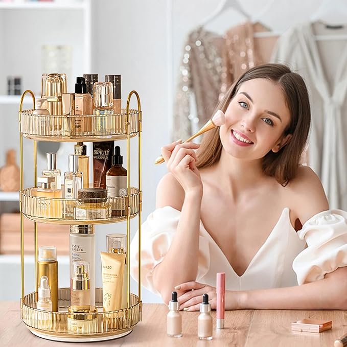 Rotating Makeup Organizer for Vanity, High-Capacity Skincare Clear Make Up Storage Perfume Organizers Cosmetic Dresser Organizer Countertop 360 Spinning (Gold, 3 Tier)-Velvo Beauty