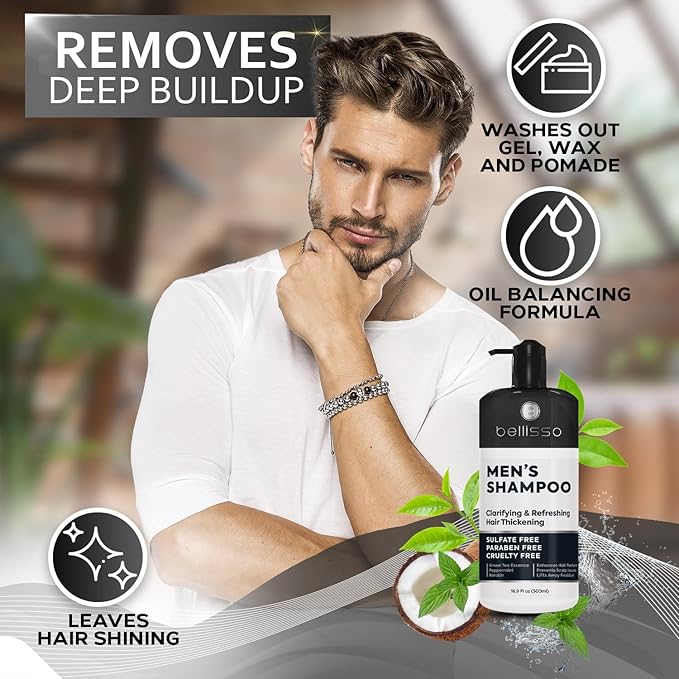 Shampoo for Men - Tea Tree Oil and Peppermint - Sulfate Free, Paraben Free - Clarifying, Refreshing, Volumizing & Moisturizing Hair Thickening Formula - Ideal for Oily Hair, Dry Scalps and Build Up-Velvo Beauty