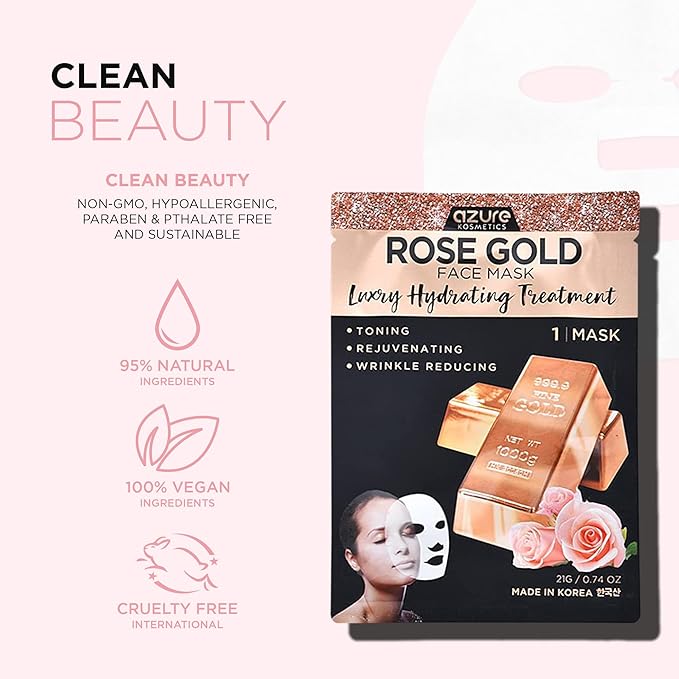 Azure Cosmetics Rose Gold Luxury Hydrating Facial Sheet Mask - Firming, Lifting & Deeply Moisturizing - Helps Reduce Fine Lines & Wrinkles, Signs of Aging & Dry Patches - Made in Korea - Pack of 5-Velvo Beauty