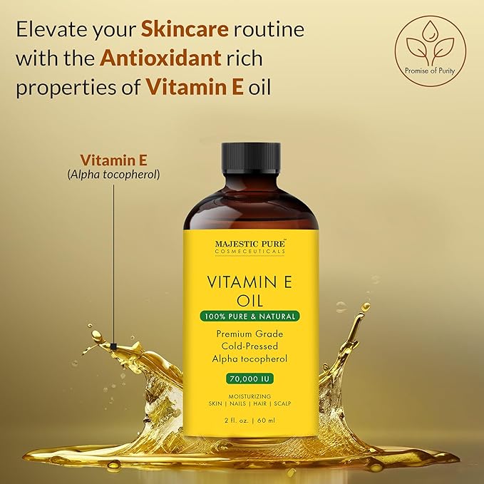 Majestic Pure Vitamin E Oil - 100% Pure & Natural, 70,000 IU | Premium Grade, Cold-Pressed and Tocopherol to Repair Dry, Damaged Skin | Moisturizing Skin, Hair and Scalp 2 Fl Oz-Velvo Beauty