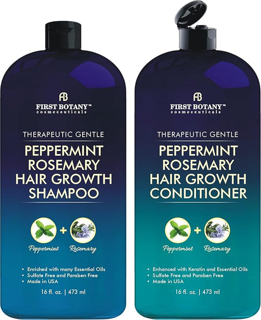First Botany, Peppermint Rosemary Hair Regrowth and Anti Hair Loss Shampoo and Conditioner Set - Daily Hydrating, Detoxifying, Volumizing Shampoo and Fights Dandruff For Men and Women 16 fl oz x 2-Velvo Beauty