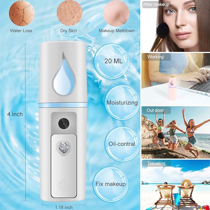 Nano Facial Mister Portable Mist Sprayer with Mirror Mini Cool Mist Spray for Skin Care & Facial Body Moisturized & Eyelash Extensions, USB Rechargeable (White)-Velvo Beauty