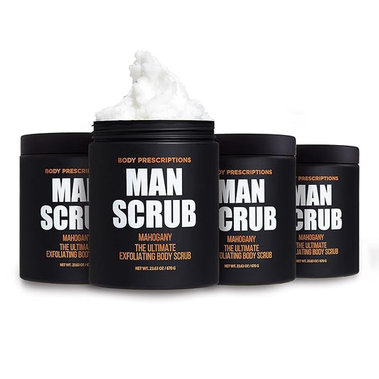Body Prescriptions Men’s Exfoliating Body Scrub – Ultimate Skin Cleansing Wash in Jar with Twist-Top Lid, For All Skin Types, 21 Ounce (Pack of 4), Mahogany-Velvo Beauty