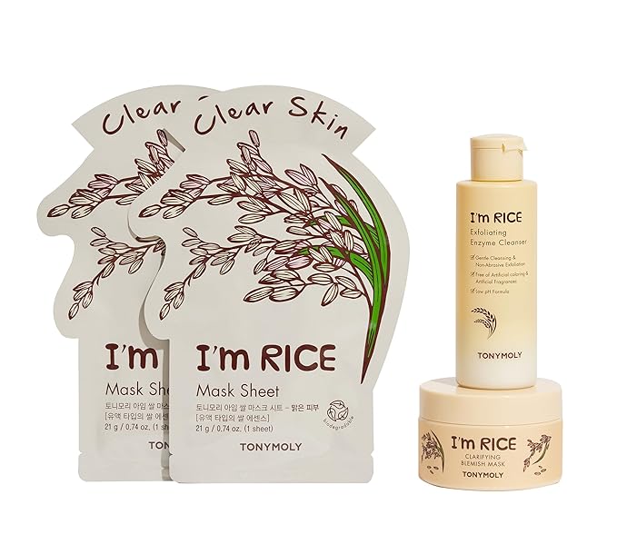 TONYMOLY I'm Rice Clarifying Skincare Set – 3-Step Face Care for Clear, Hydrated Skin – Includes Enzyme Powder Cleanser, Blemish Mask & Nourishing Sheet Masks – Gentle Exfoliation & Oil Control-Velvo Beauty