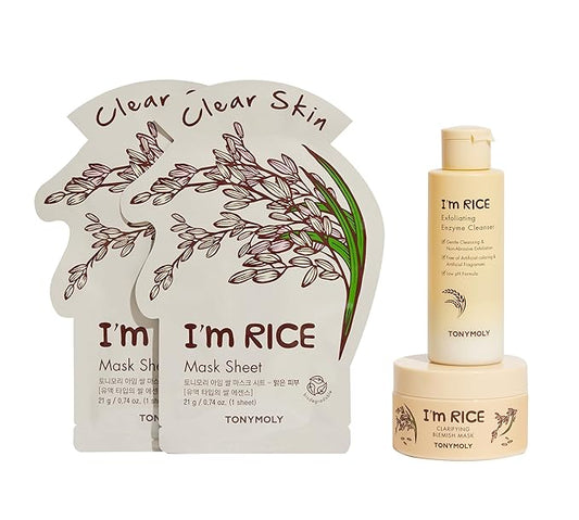 TONYMOLY I'm Rice Clarifying Skincare Set – 3-Step Face Care for Clear, Hydrated Skin – Includes Enzyme Powder Cleanser, Blemish Mask & Nourishing Sheet Masks – Gentle Exfoliation & Oil Control-Velvo Beauty