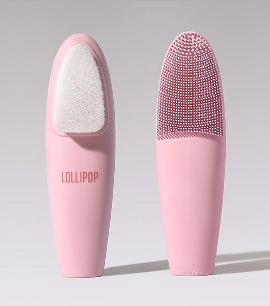 LOLLIPOP Dual-Sided Facial Cleansing Brush | Handle Size Silicone Face Exfoliator and Soft Fiber Cleanser | Manual Face Scrubber for Pores, Makeup Removal, Blackhead and Skincare Routine, Bubblegum-Velvo Beauty