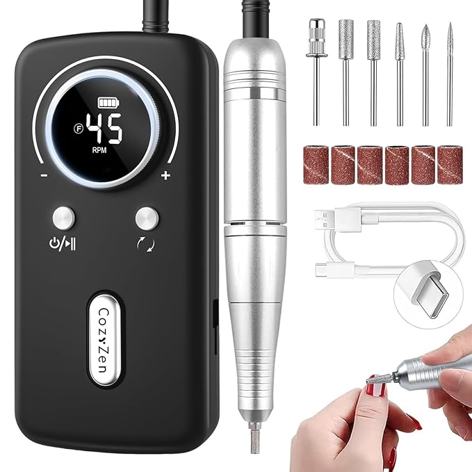 CozyZen Cordless Nail Drill Professional: 45000 RPM Rechargeable Electric Nail File Kit, Portable & Low Noise for Acrylic, Gel Nails, Manicure & Pedicure - Salon & Home Use-Velvo Beauty