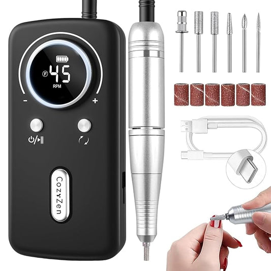 CozyZen Cordless Nail Drill Professional: 45000 RPM Rechargeable Electric Nail File Kit, Portable & Low Noise for Acrylic, Gel Nails, Manicure & Pedicure - Salon & Home Use-Velvo Beauty