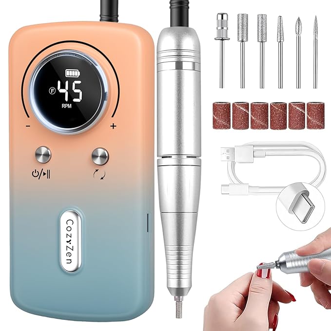 CozyZen Cordless Nail Drill Professional: 45000 RPM Rechargeable Electric Nail File Kit, Portable & Low Noise for Acrylic, Gel Nails, Manicure & Pedicure - Salon & Home Use-Velvo Beauty