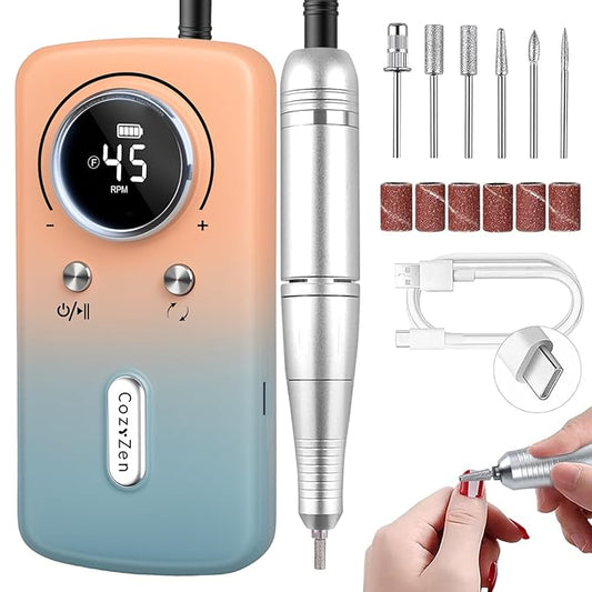 CozyZen Cordless Nail Drill Professional: 45000 RPM Rechargeable Electric Nail File Kit, Portable & Low Noise for Acrylic, Gel Nails, Manicure & Pedicure - Salon & Home Use-Velvo Beauty