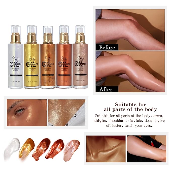 Shimmer Body Luminizer 5 Color Waterproof Smooth Face Body Glow Illuminator Non-sticky Liquid Body Highlight Illuminator for Face & Body & Leg (80 ML, 03 Bronze Gold)-Velvo Beauty