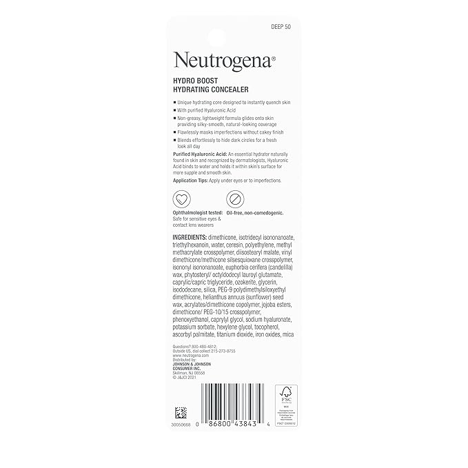 Neutrogena Hydro Boost Hydrating Concealer Stick for Dry Skin, Oil-Free, Lightweight, Non-Greasy and Non-Comedogenic Cover-Up Makeup with Hyaluronic Acid, 50 Deep, 0.12 Oz-Velvo Beauty