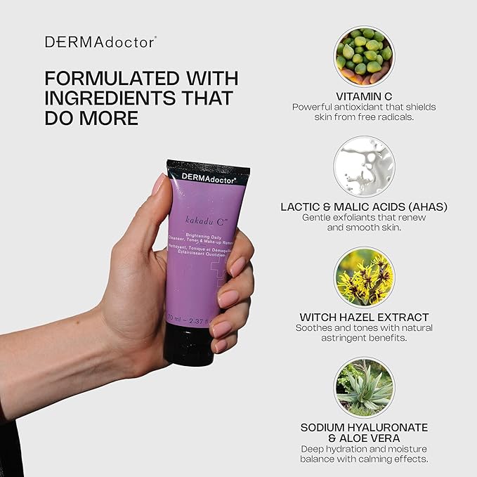 DERMAdoctor Kakadu C Dermatologist Formulated Vitamin C Brightening Daily 3 in 1, Exfoliating Face Wash, Toner, Make up Remover, Hydrating Facial Cleanser for Uneven, Dull Skin, Travel Size - 2.37 oz-Velvo Beauty
