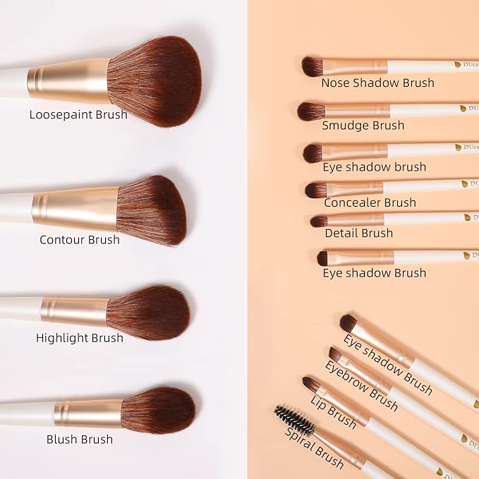 DUcare Makeup Brushes with Bag - 14Pcs Professional Synthetic Make Up Brushes Set for Blush Concealer Foundation Bronzer Powder Eyebrow Contour Eyeshadow Blending Makeup Brush Set Mekaup bag, White-Velvo Beauty