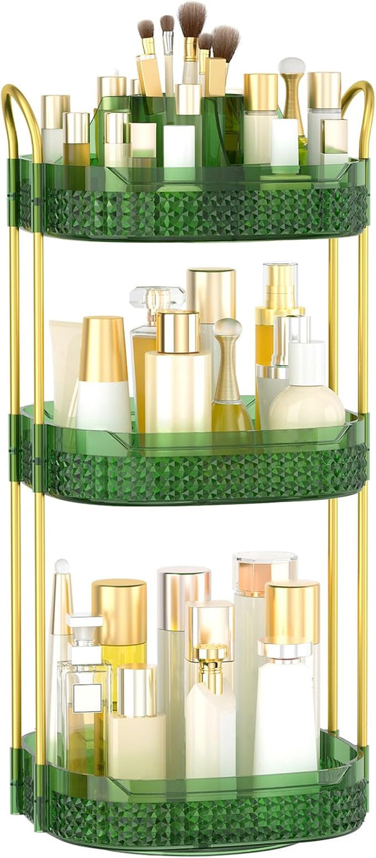 Rotating Makeup Organizer for Vanity 3 Tier, Perfume Organizer with Makeup Brush Holder, Large Capacity Cosmetics Clear Skincare Organizer for Countertop (Green)-Velvo Beauty