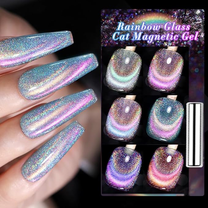Born Pretty Magnetic Gel Nail Polish Holographic Glass Cat Magnetic Eye Gel Polish Nail Gel Soak Off Nail Art Salon Manicure Collection Gift 6pcs-Velvo Beauty