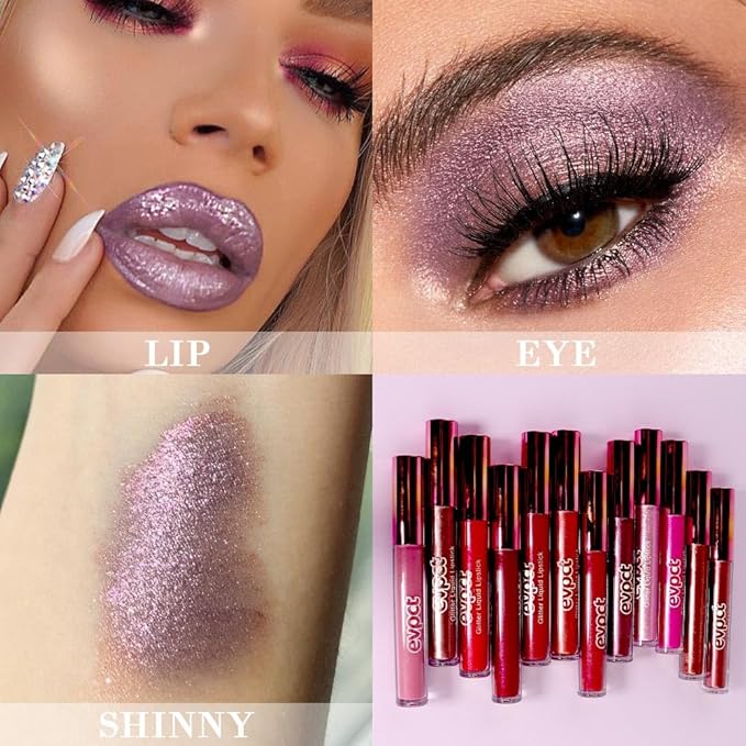 evpct 2Pcs Mauve & Taupe Mauve Glitter Metallic Shimmer Diamond Lipstick Lip Gloss Stain Set for Women Long Lasting Waterproof, Purple Sparkle Glitter Matte long Wear Liquid Lipstick Lip Makeup Kit-Velvo Beauty