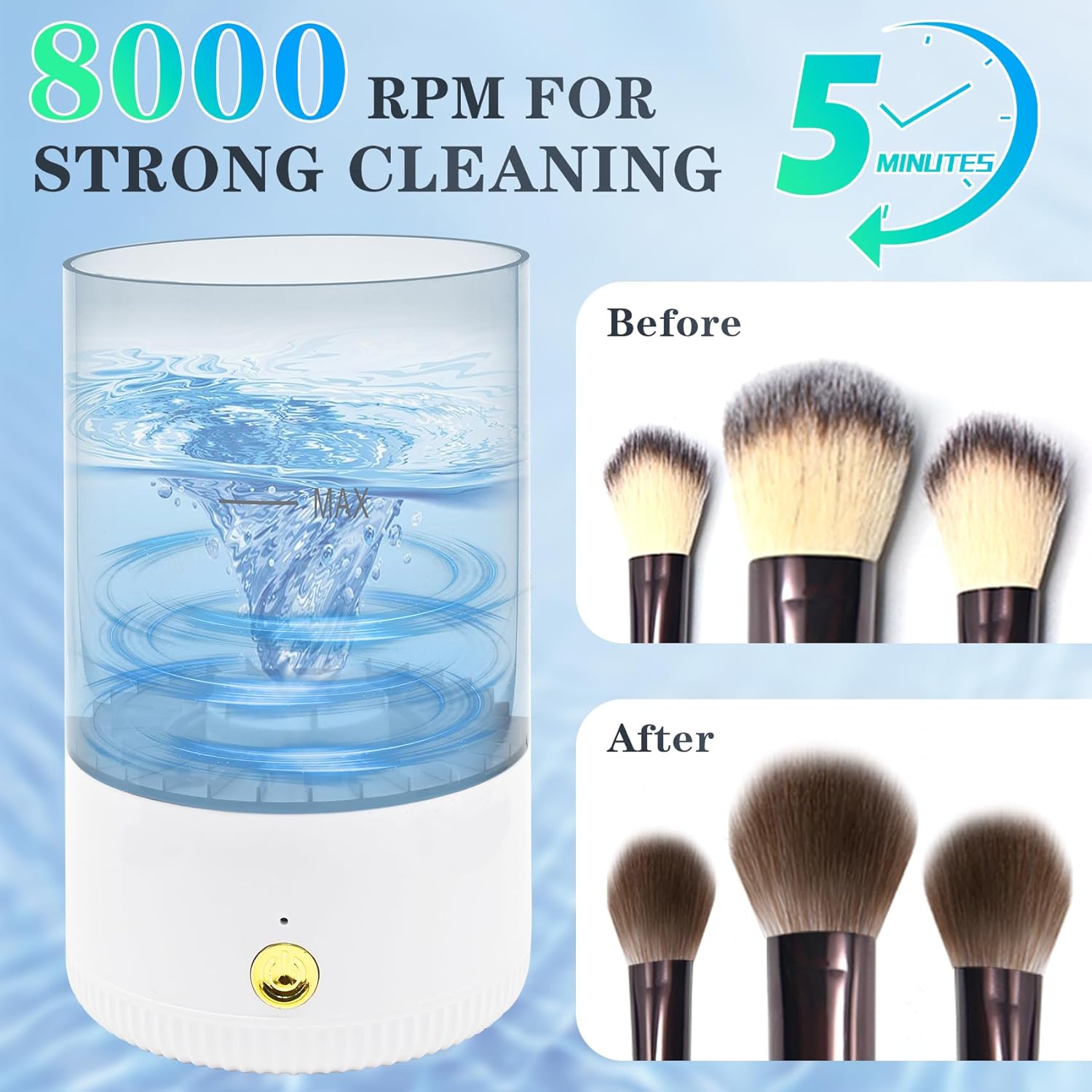 Makeup Brush Cleaner,Low noise and 8000 RPM Electric Makeup Brush Cleaner Machine for Deep Cleaning,Automatic Spinning Cosmetic Brush Cleaner for All Size Makeup Brushes and Sponges(White)-Velvo Beauty