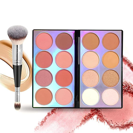 16 Colors Blush Contour Highlighter Makeup Palette with Brush, Shimmer Matte Mineral Face Blush Powder for Cheek, All in One Face Sculpting Bronzer Blusher Illuminator Concealer Palette-Velvo Beauty