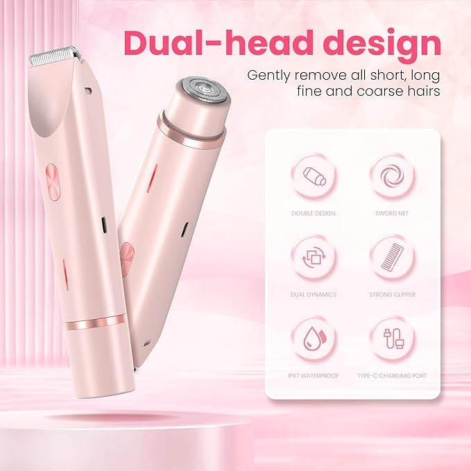 Bikini Trimmer for Women-2 in 1 Dual Head Electric Razors,USB Rechargeable Bikini Electric Shaver,IPX7 Waterproof Dry & Wet Use Body Hair Trimmer and Facial Hair Remover for Underarm Leg Body,Pink-Velvo Beauty