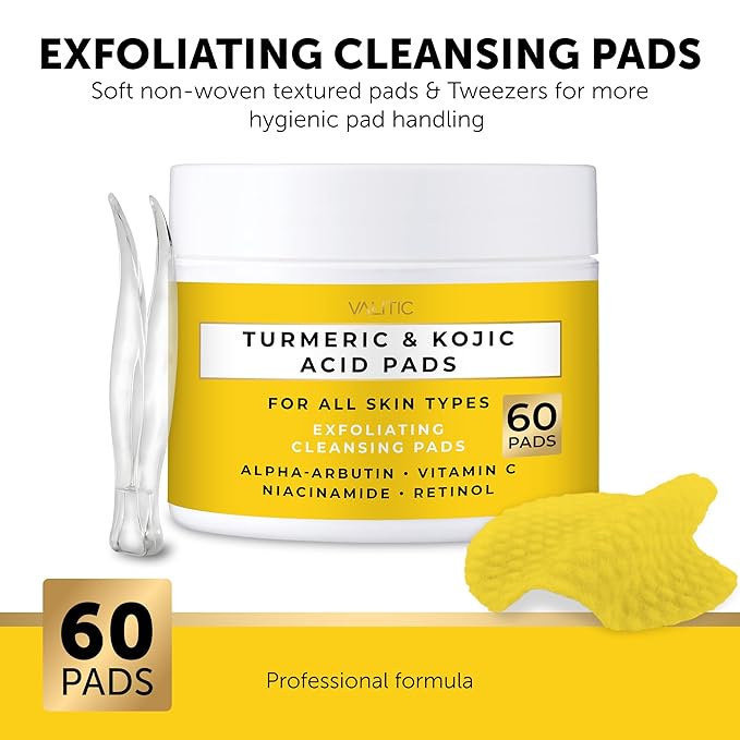 VALITIC Turmeric Kojic Acid Cleansing Pads - Exfoliating Dark Spot Remover for Face with Vitamin C, Alpha Arbutin, Niacinamide and Retinol - Kojic Acid And Turmeric Cleansing Pads - 60 Units-Velvo Beauty
