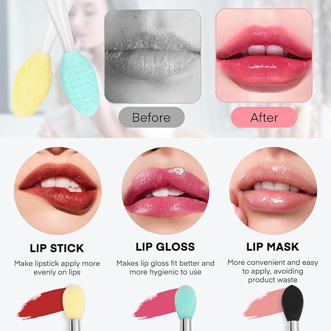 Unaone Lip Scrub Brush - 3 PCS Dual-ended Lip Scrubber Exfoliator and Silicone Lip Brush, 2-in-1 Silicone Lip Scrub Tool Lip Mask Applicator, Gentle Exfoliator & Applicator for Soft-Velvo Beauty