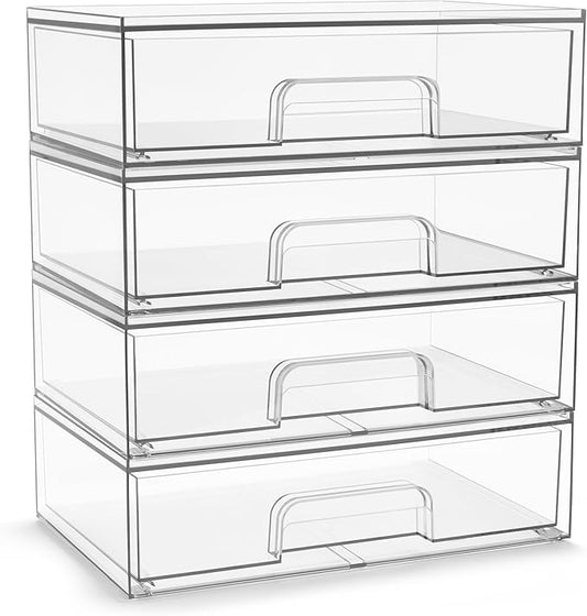 Sorbus Acrylic Storage Containers - 4 Pack, Stackable Storage Bins Set for Bathroom Organization - Clear Acrylic Drawer Organizers - Makeup Case Pull-Out Drawers (12.1’’ Wide)-Velvo Beauty