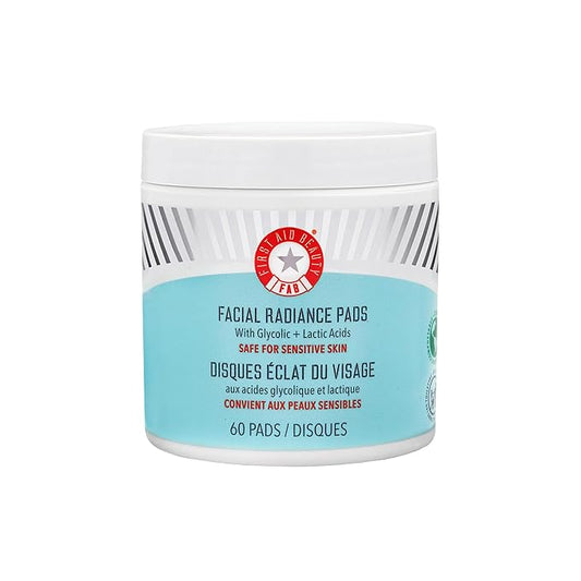 First Aid Beauty - Facial Radiance Pads with Glycolic & Lactic Acids, Daily Exfoliating Pads with AHA that Help Tone & Brighten Skin, One-Step Makeup Prep, Compostable for Daily Use, 60 ct-Velvo Beauty