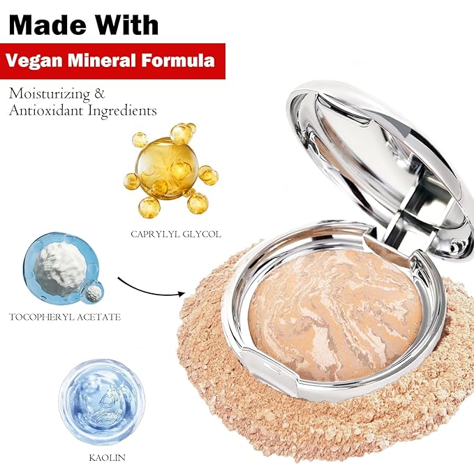 Marbleized Baked Foundation Makeup, Balance and Brighten Color Correcting Powder Foundation - Buildable Light to Medium Coverage - Demi-Matte Natural Finish (#002 LIGHT, 0.32 Oz)-Velvo Beauty