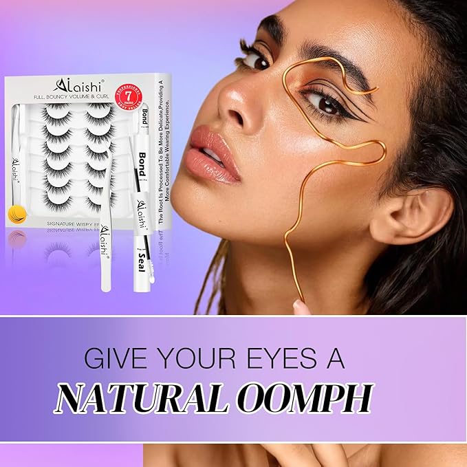 Wispy False Eyelashes Kit With Bond, Seal and Tweezer, 7 Pairs Natural Look Fake Cat Eye Lashes Strips Thin Band Extensions Waterproof Easy Eyelashes for Beginners RQ01-Velvo Beauty