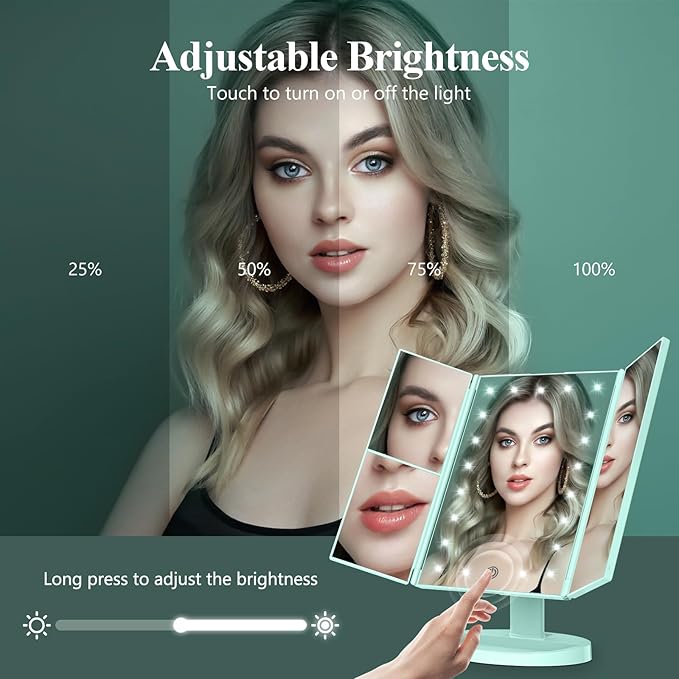 HUONUL Makeup Mirror Vanity with Lights, 2X 3X 10X Magnification, Lighted Mirror, Touch Control, Trifold Dual Power Supply, Portable LED Women Gift (Green)-Velvo Beauty