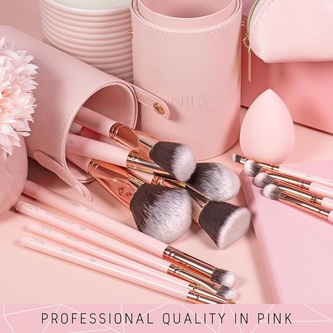Niré Beauty 15piece Award Winning Pink Makeup Brushes: Pink Makeup Brush Set with Case, Makeup Sponge, Brush Cleaner, Guide, Gift Box-Velvo Beauty