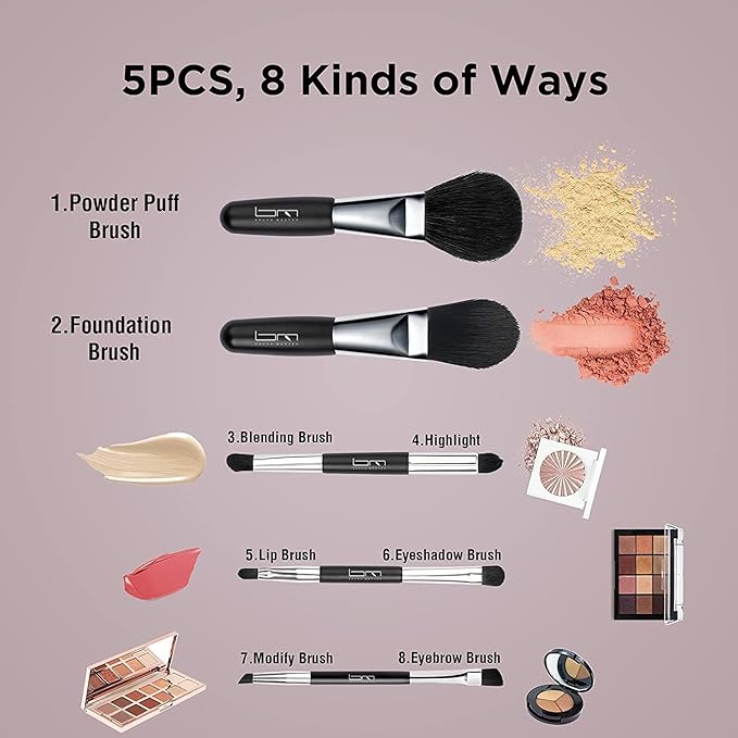 Travel Makeup Brushes Set w/Pouch, 5PCS Double Ended Portable Mini Cosmetic Brushes Kit for Foundation, Eyeshadow, Lip, Blush Make Up Brushes Professional(Black)-Velvo Beauty