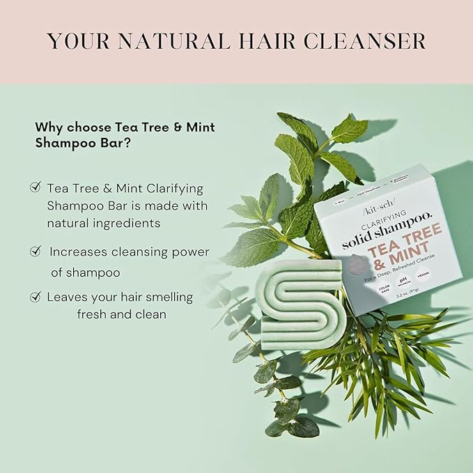 Kitsch Tea Tree & Mint Shampoo Bar - Anti Dandruff Shampoo for Itchy Scalp and All Hair Types - Natural Hair Shampoo Bar with Mint - Vegan Hair Care, Paraben & Sulfate Free, Made in USA - 3.2oz-Velvo Beauty