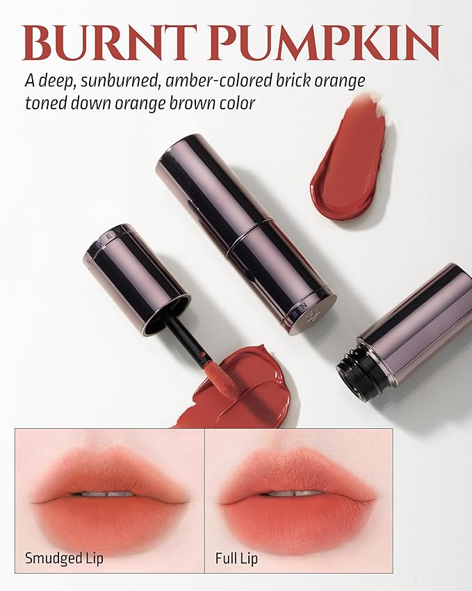 HEVVYMAKEUP Blurring Effect Lip Tint - Airy Velvet Matte Lips - Vegan, Longwear, Vibrant, Buildable Creamy Soft Texture - Korean Lip Makeup, Burnt Pumpkin, 0.13 fl.oz.-Velvo Beauty